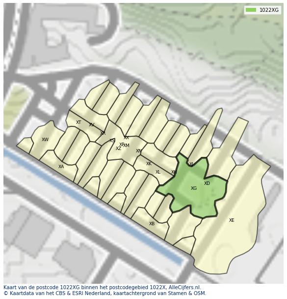 Afbeelding van het postcodegebied 1022 XG op de kaart.