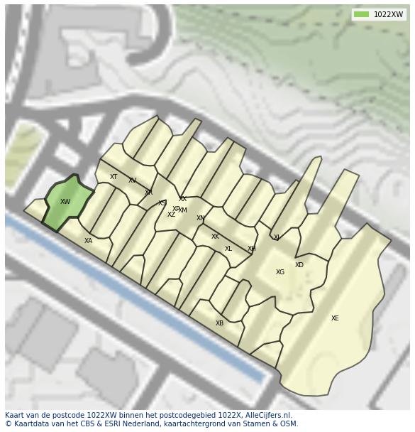 Afbeelding van het postcodegebied 1022 XW op de kaart.