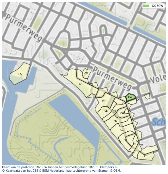 Afbeelding van het postcodegebied 1023 CW op de kaart.