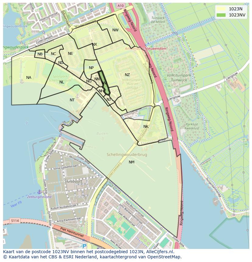 Afbeelding van het postcodegebied 1023 NV op de kaart.