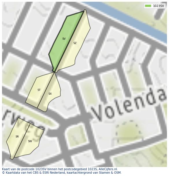 Afbeelding van het postcodegebied 1023 SV op de kaart.