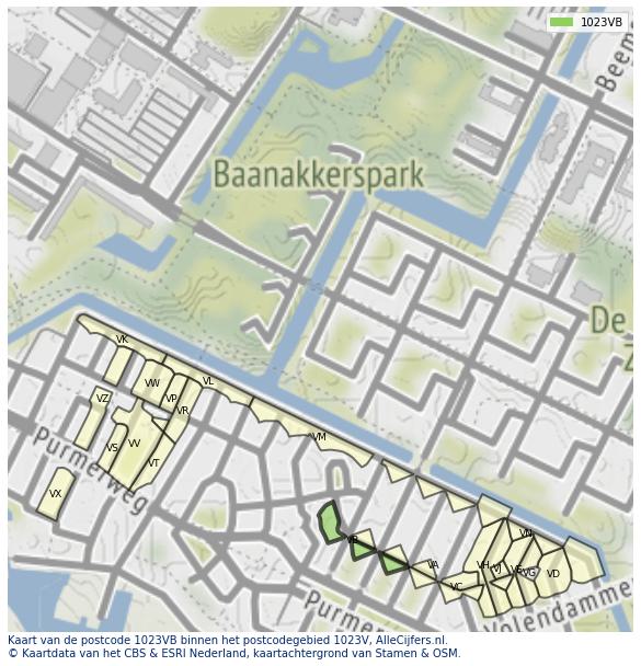 Afbeelding van het postcodegebied 1023 VB op de kaart.