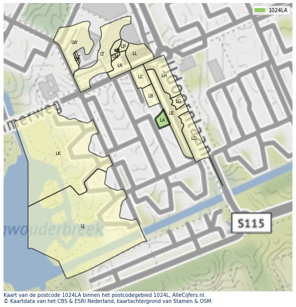 Afbeelding van het postcodegebied 1024 LA op de kaart.