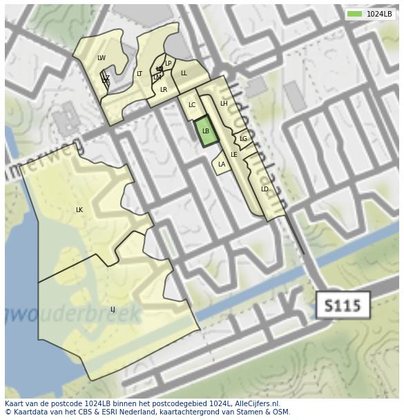 Afbeelding van het postcodegebied 1024 LB op de kaart.