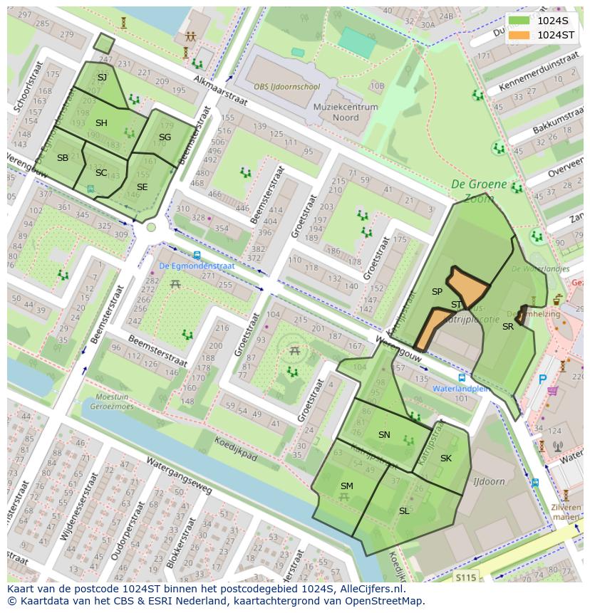Afbeelding van het postcodegebied 1024 ST op de kaart.