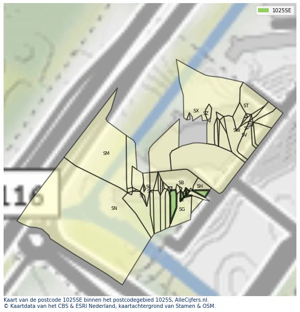 Afbeelding van het postcodegebied 1025 SE op de kaart.