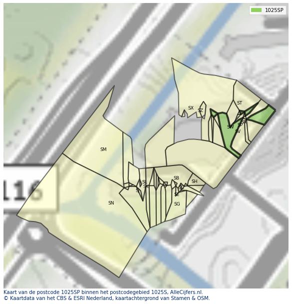 Afbeelding van het postcodegebied 1025 SP op de kaart.