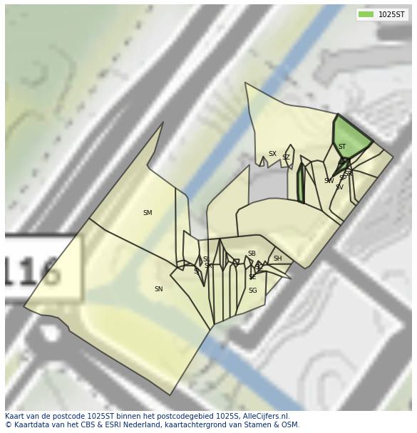 Afbeelding van het postcodegebied 1025 ST op de kaart.