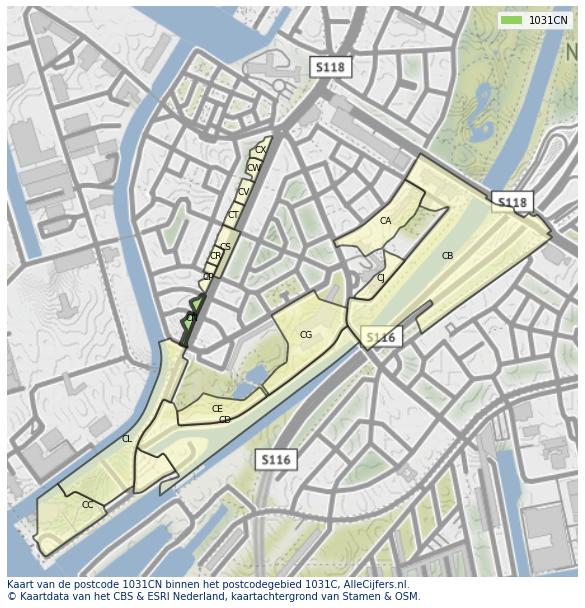 Afbeelding van het postcodegebied 1031 CN op de kaart.