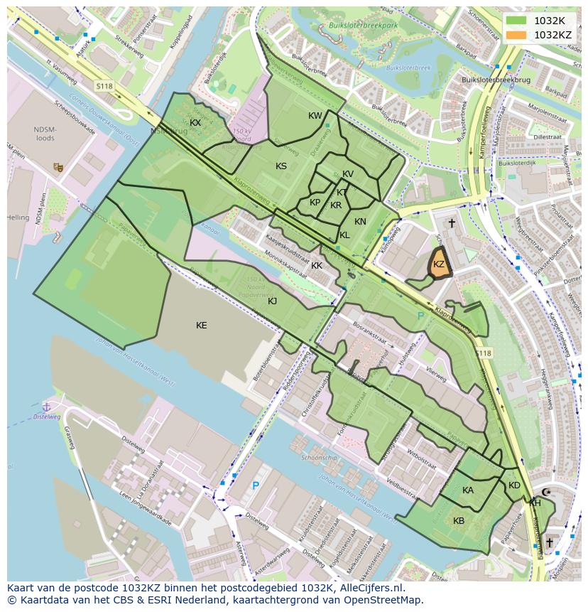 Afbeelding van het postcodegebied 1032 KZ op de kaart.