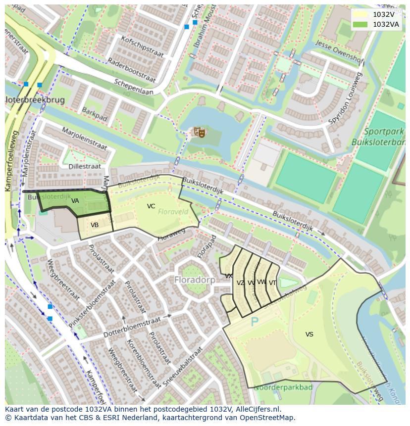 Afbeelding van het postcodegebied 1032 VA op de kaart.