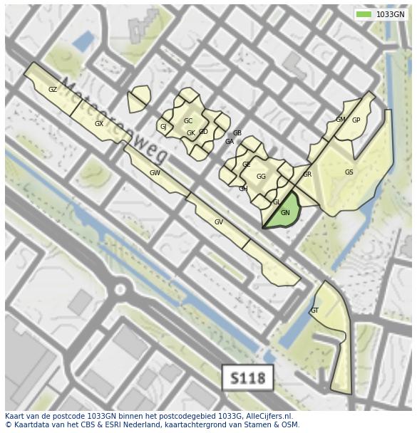 Afbeelding van het postcodegebied 1033 GN op de kaart.