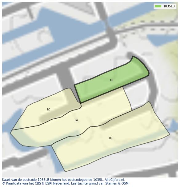 Afbeelding van het postcodegebied 1035 LB op de kaart.
