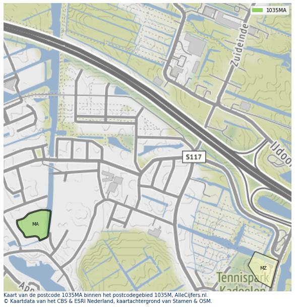 Afbeelding van het postcodegebied 1035 MA op de kaart.