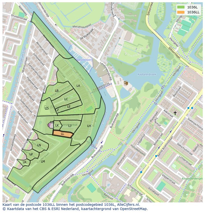 Afbeelding van het postcodegebied 1036 LL op de kaart.