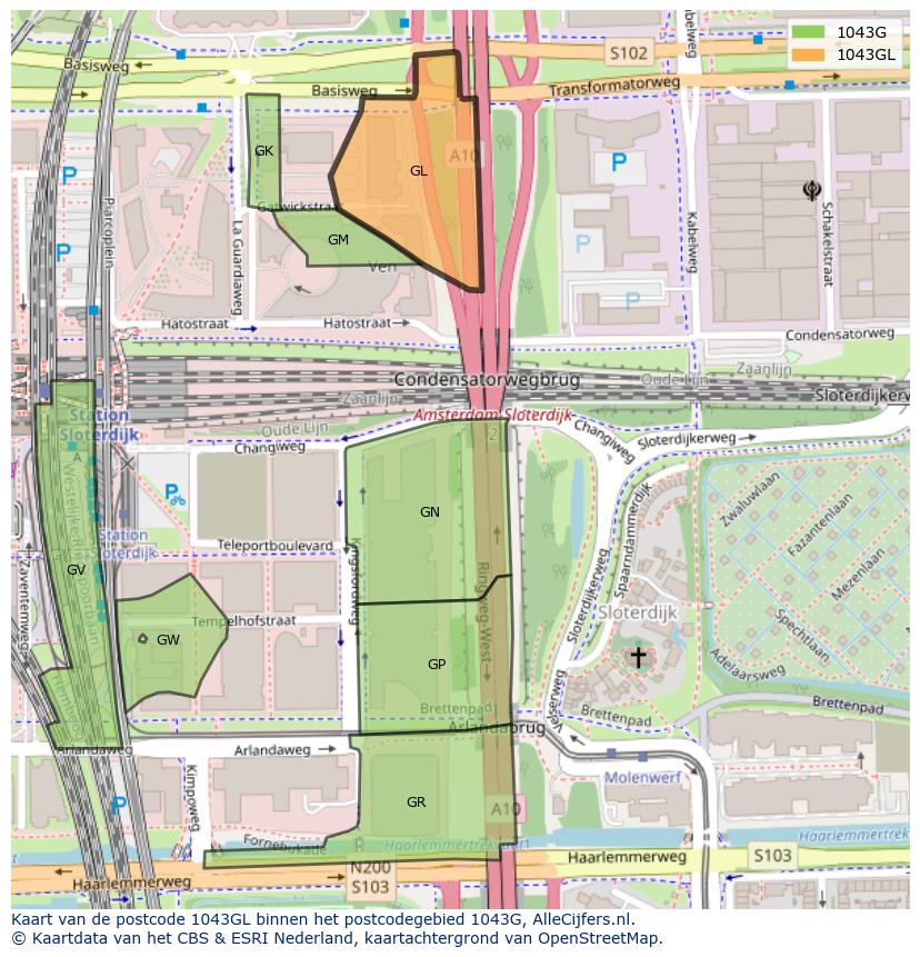Afbeelding van het postcodegebied 1043 GL op de kaart.