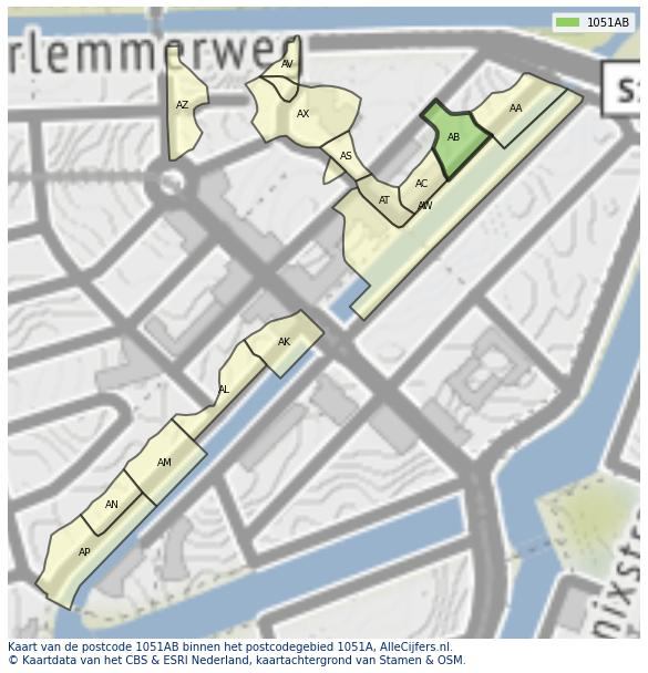 Afbeelding van het postcodegebied 1051 AB op de kaart.