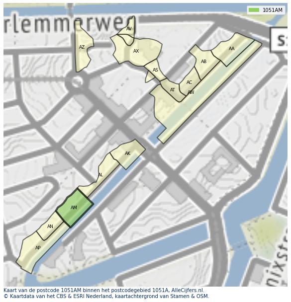 Afbeelding van het postcodegebied 1051 AM op de kaart.