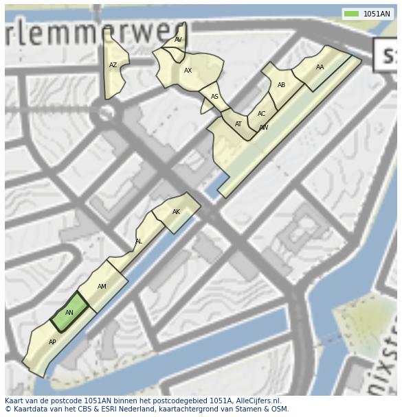 Afbeelding van het postcodegebied 1051 AN op de kaart.