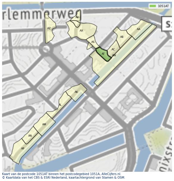 Afbeelding van het postcodegebied 1051 AT op de kaart.