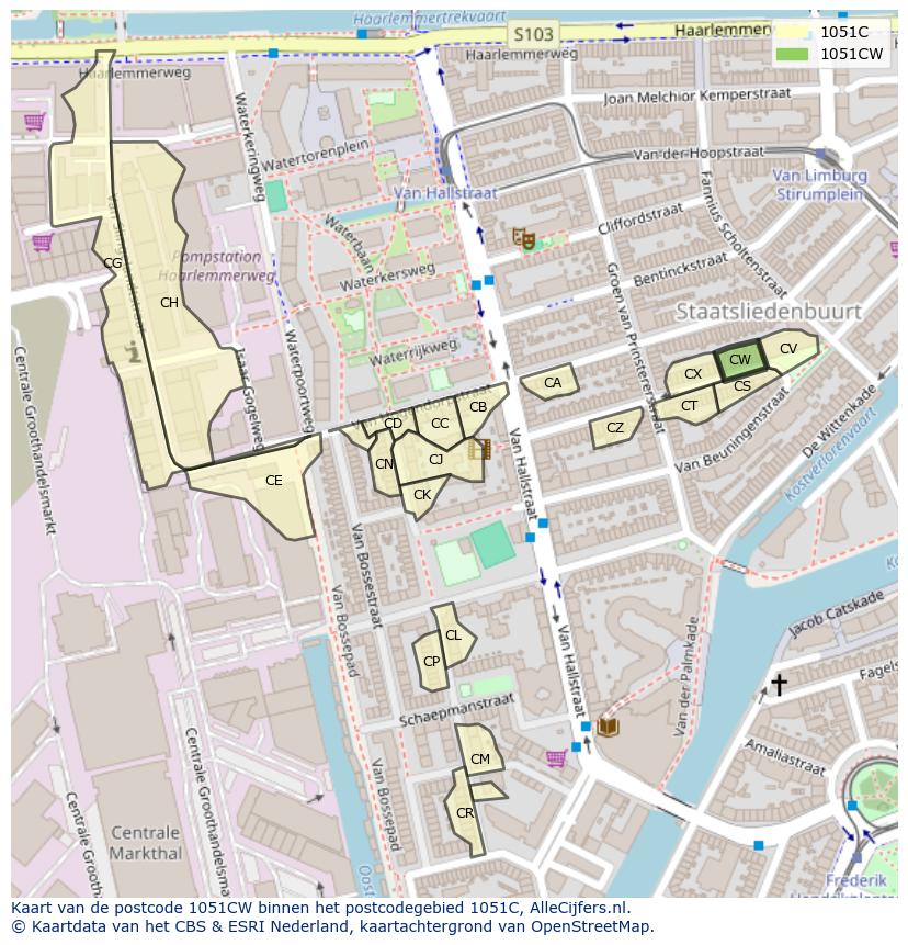 Afbeelding van het postcodegebied 1051 CW op de kaart.