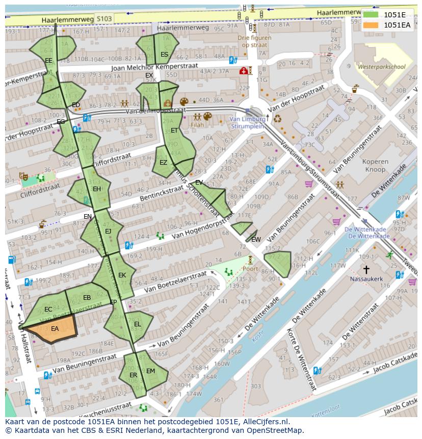 Afbeelding van het postcodegebied 1051 EA op de kaart.