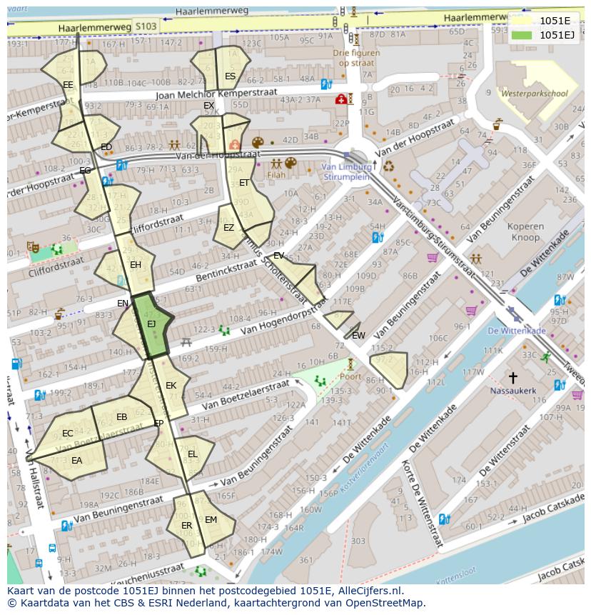 Afbeelding van het postcodegebied 1051 EJ op de kaart.