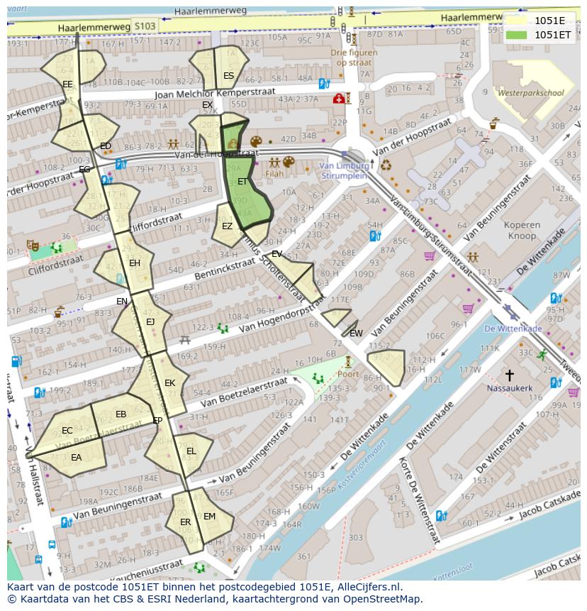 Afbeelding van het postcodegebied 1051 ET op de kaart.