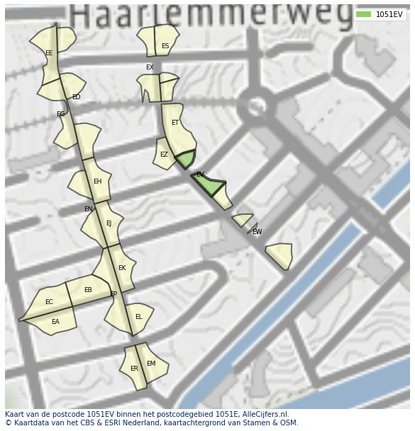 Afbeelding van het postcodegebied 1051 EV op de kaart.