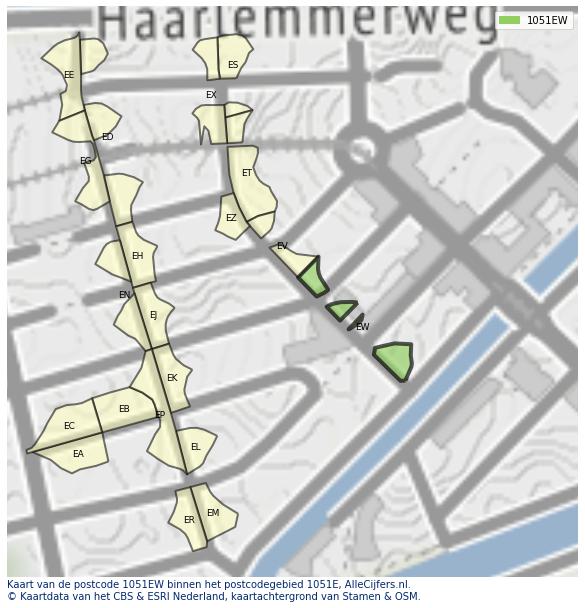 Afbeelding van het postcodegebied 1051 EW op de kaart.