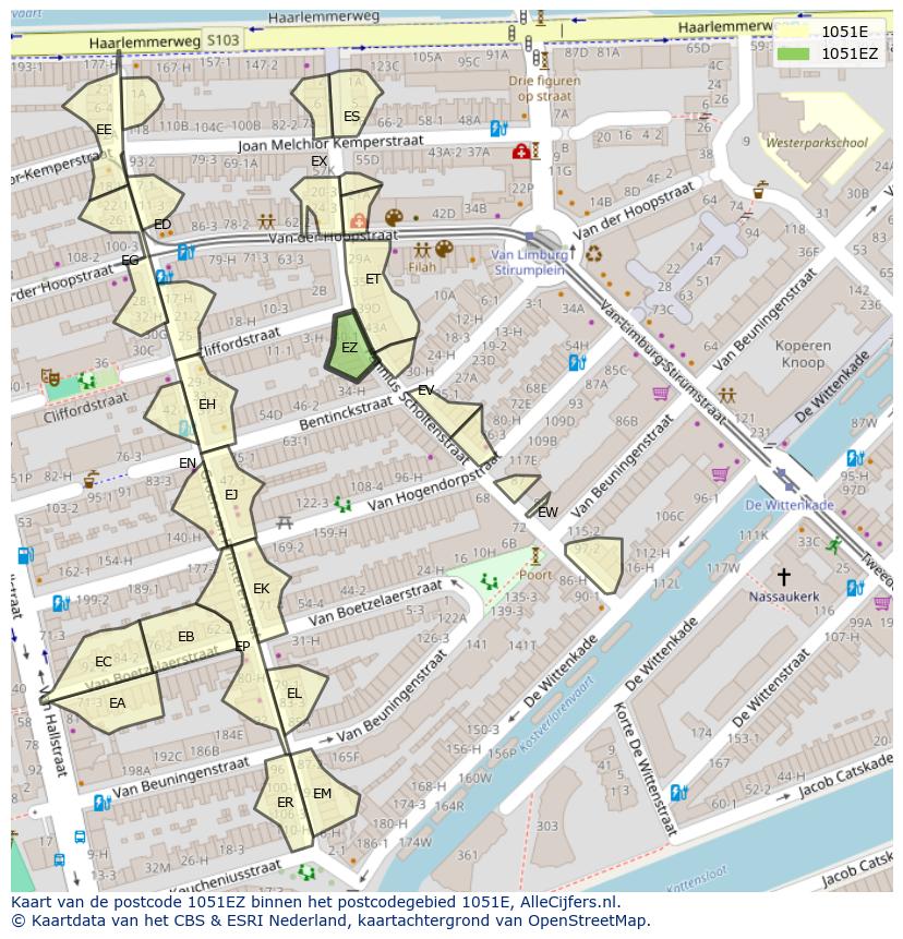 Afbeelding van het postcodegebied 1051 EZ op de kaart.