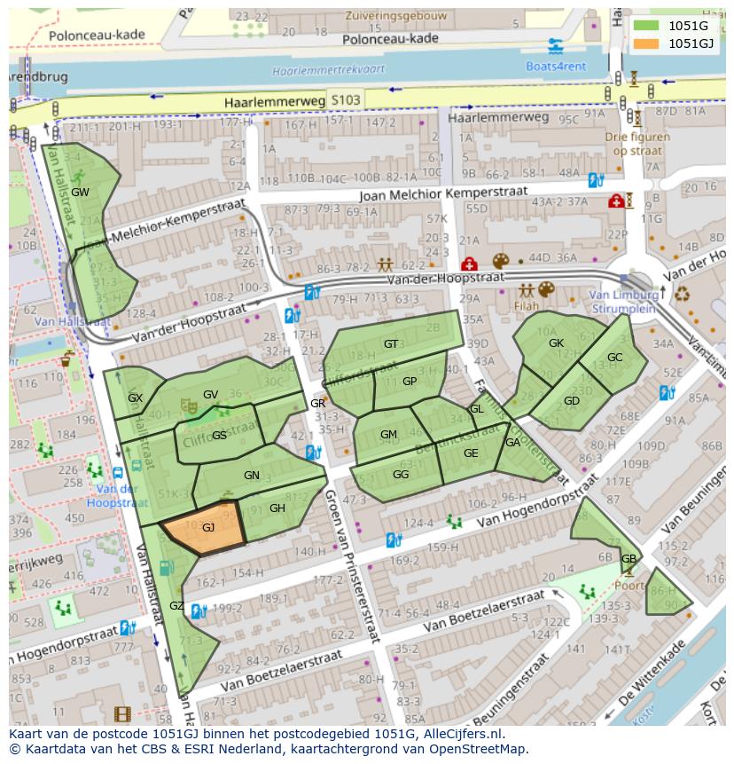 Afbeelding van het postcodegebied 1051 GJ op de kaart.