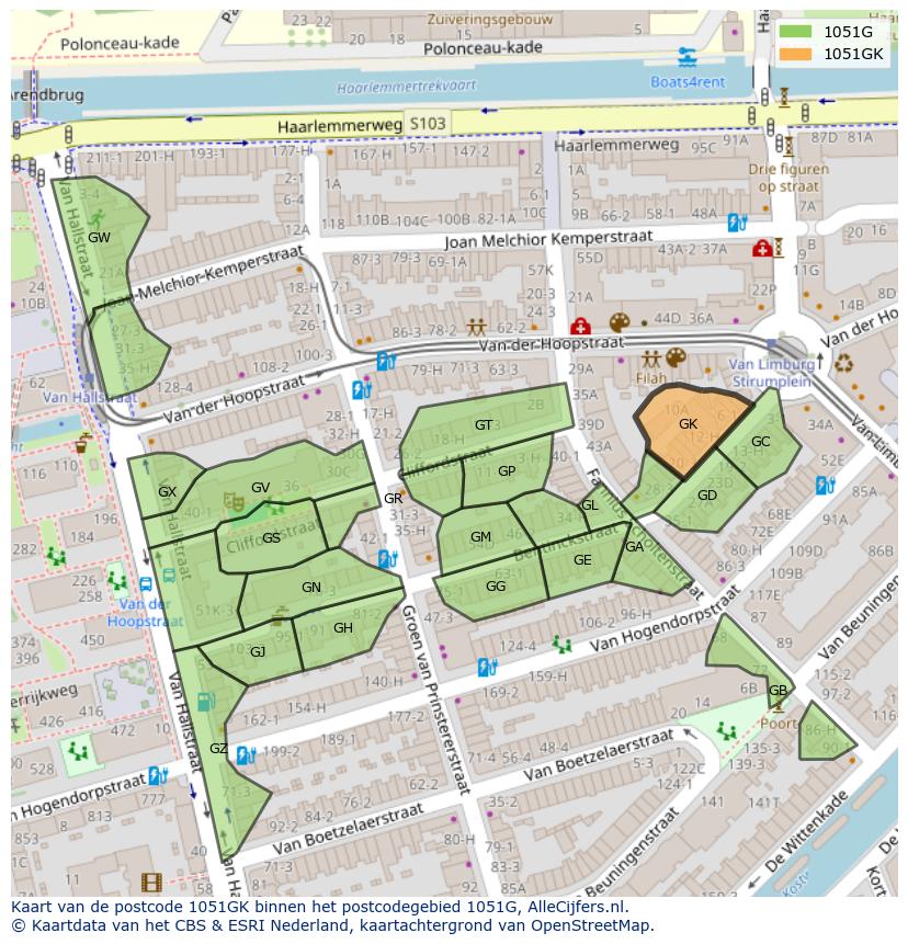 Afbeelding van het postcodegebied 1051 GK op de kaart.