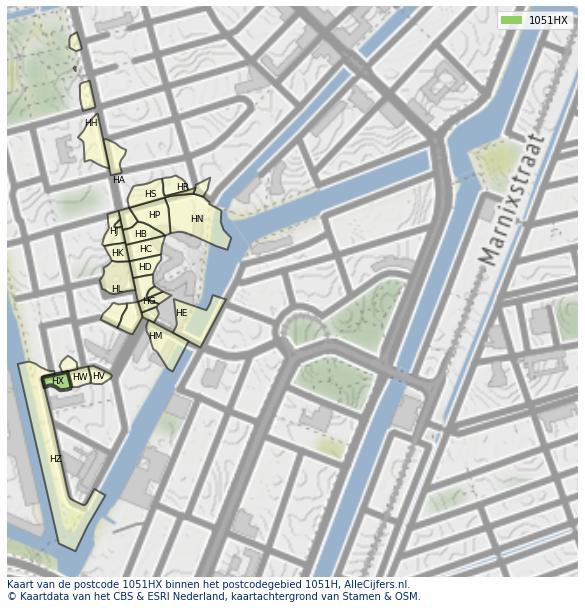 Afbeelding van het postcodegebied 1051 HX op de kaart.