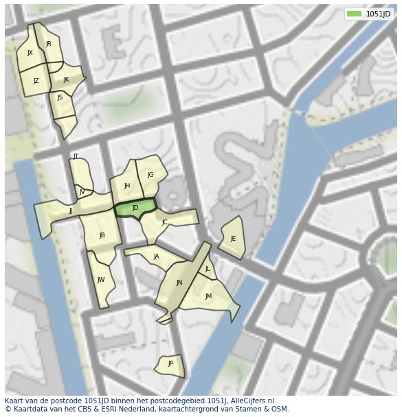 Afbeelding van het postcodegebied 1051 JD op de kaart.