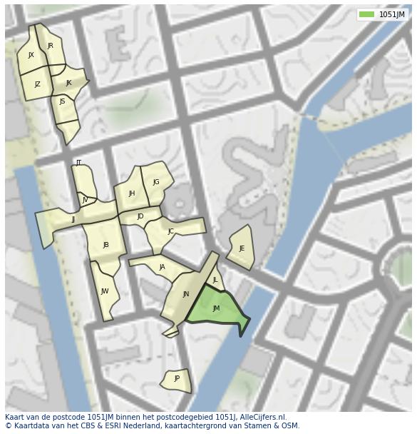 Afbeelding van het postcodegebied 1051 JM op de kaart.