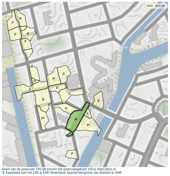 Afbeelding van het postcodegebied 1051 JN op de kaart.
