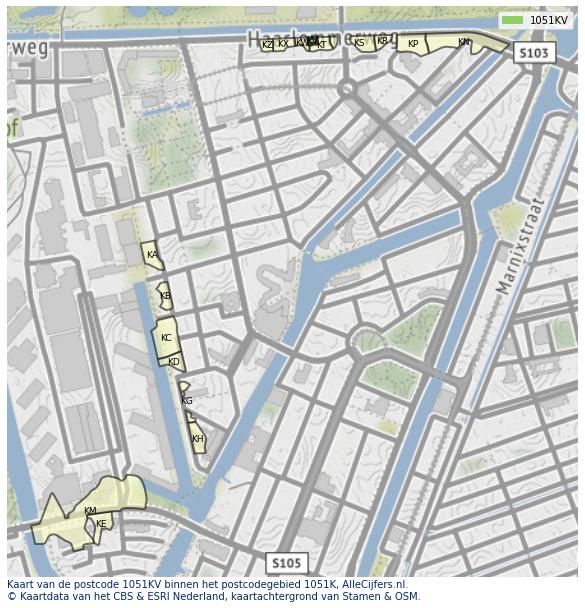 Afbeelding van het postcodegebied 1051 KV op de kaart.