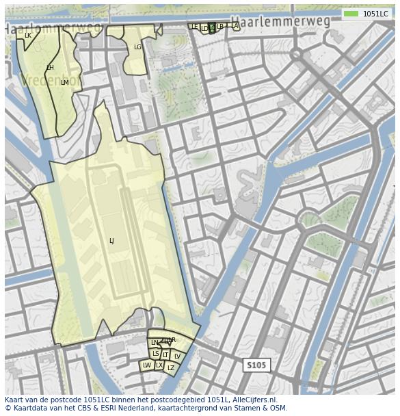 Afbeelding van het postcodegebied 1051 LC op de kaart.