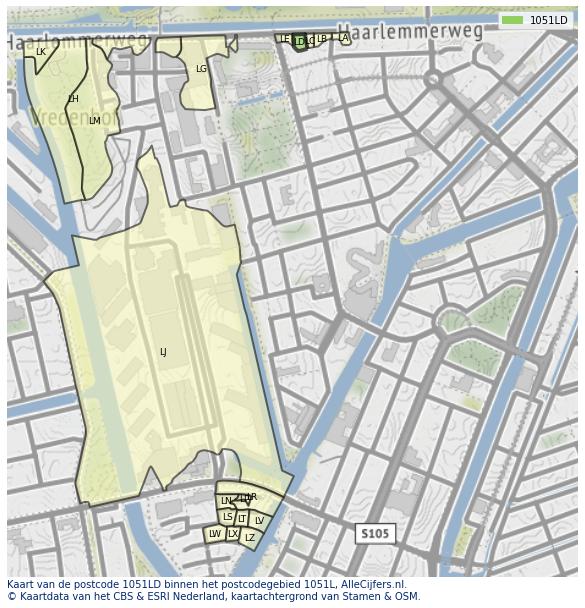 Afbeelding van het postcodegebied 1051 LD op de kaart.