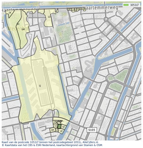 Afbeelding van het postcodegebied 1051 LT op de kaart.