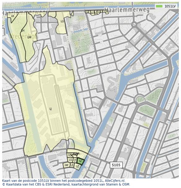 Afbeelding van het postcodegebied 1051 LV op de kaart.