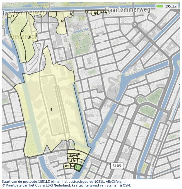 Afbeelding van het postcodegebied 1051 LZ op de kaart.