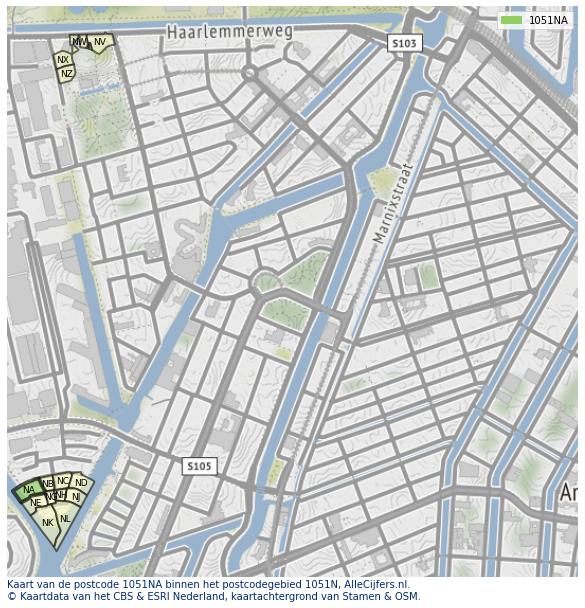 Afbeelding van het postcodegebied 1051 NA op de kaart.