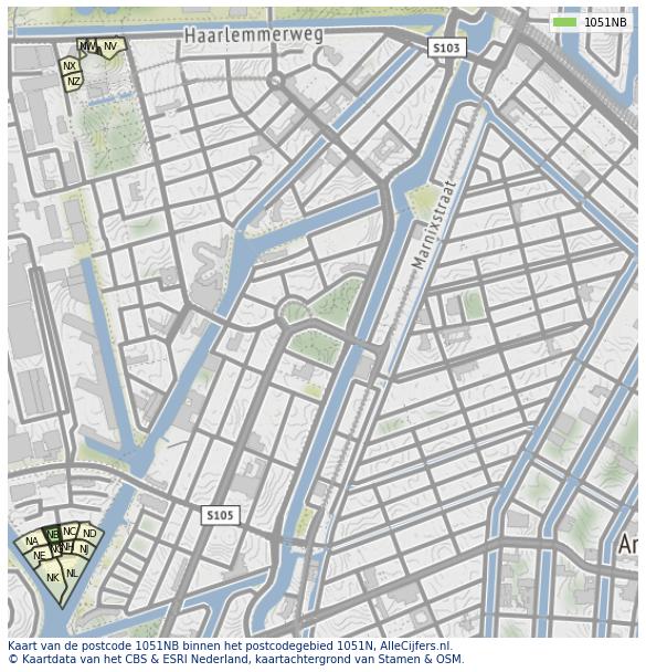 Afbeelding van het postcodegebied 1051 NB op de kaart.