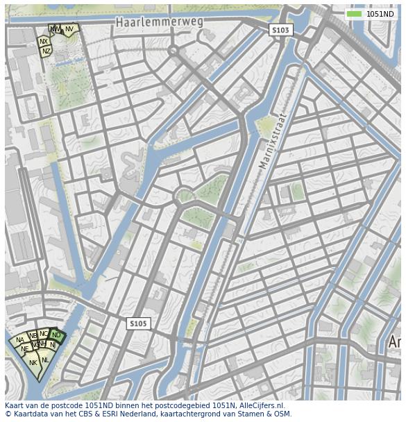 Afbeelding van het postcodegebied 1051 ND op de kaart.