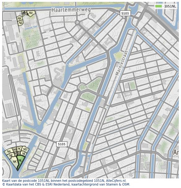 Afbeelding van het postcodegebied 1051 NL op de kaart.