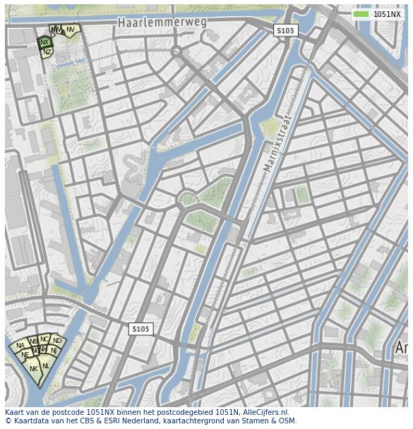 Afbeelding van het postcodegebied 1051 NX op de kaart.