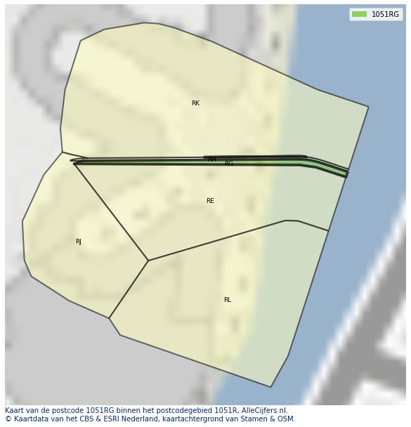 Afbeelding van het postcodegebied 1051 RG op de kaart.