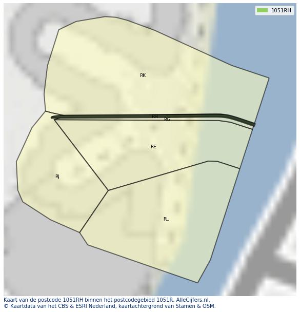 Afbeelding van het postcodegebied 1051 RH op de kaart.